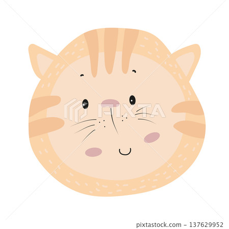 Cute cartoon cat face. Flat vector illustration of a domestic pet character isolated on white background for children prints, stickers, nursery decor and design. 137629952
