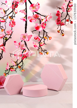 Abstract artistic minimalist background for cosmetic product presentation, premium empty podium with cherry blossom branches on sunny elegant background, design template and banner for screen Abstract artistic minimalist background for cosmetic product presentation, premium empty podium with cherry blossom branches on sunny elegant background, design template and banner for screen 137630080