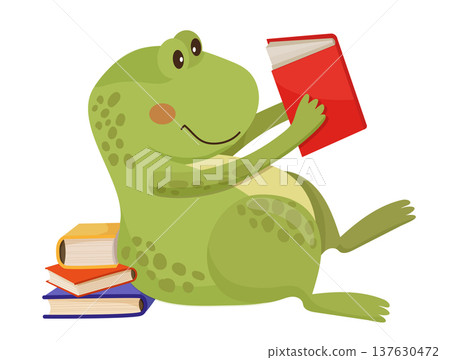 Green Frog Reading Book and Relaxing Green Frog Reading Book and Relaxing 137630472