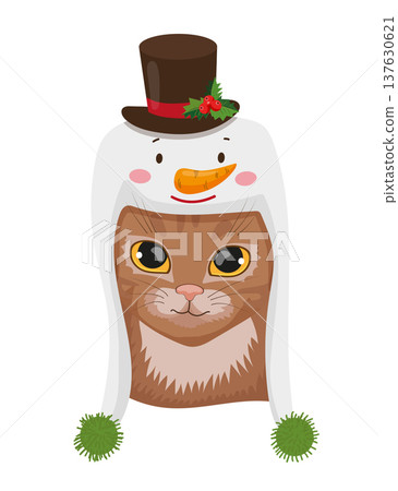 Brown Cat with Snowman Hat Brown Cat with Snowman Hat 137630621