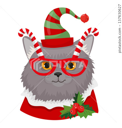 Gray Cat with Candy Cane Glasses Gray Cat with Candy Cane Glasses 137630627