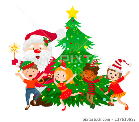 Santa and Kids by Tree 137630652