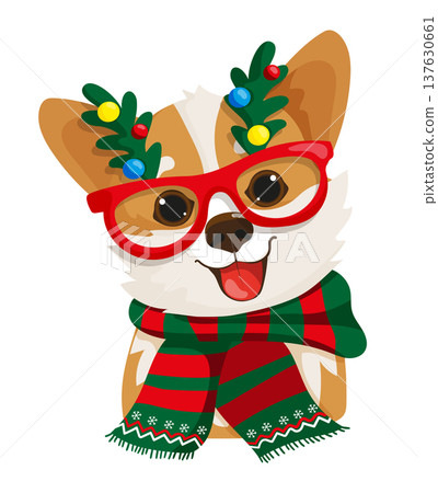 Happy Corgi in Christmas Glasses 137630661
