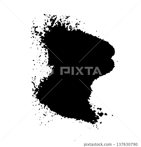 Black ink splatter with scattered drops and spray effect resembling aerosol paint. Grunge style vector illustration of liquid splash isolated on white background. Black ink splatter with scattered drops and spray effect resembling aerosol paint. Grunge style vector illustration of liquid splash isolated on white background. 137630790