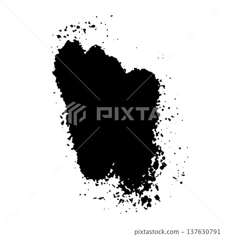 Black ink splatter with scattered drops and spray effect resembling aerosol paint. Grunge style vector illustration of liquid splash isolated on white background. Black ink splatter with scattered drops and spray effect resembling aerosol paint. Grunge style vector illustration of liquid splash isolated on white background. 137630791