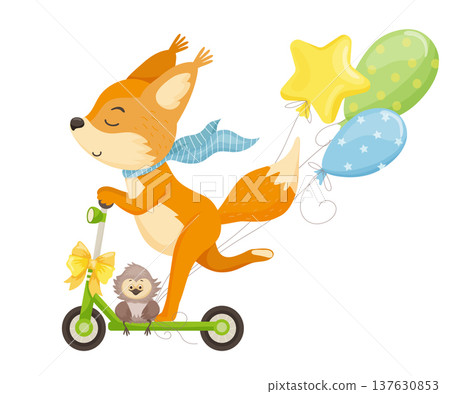 Fox on Scooter with Balloons Fox on Scooter with Balloons 137630853