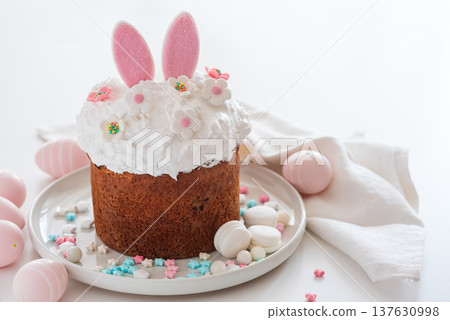 Easter Cake with Bunny Ears and Easter Eggs. Festive Spring Composition 137630998