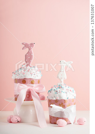 Easter cakes with Bunny Toppers and Eggs. Festive Spring Composition Easter cakes with Bunny Toppers and Eggs. Festive Spring Composition 137631007