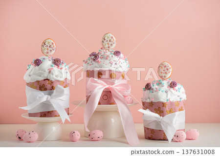 Easter cakes with Egg Toppers and Sugar Sprinkles.Festive Spring Composition 137631008