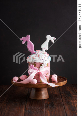 Easter cakes with Bunny Toppers and Eggs. Festive Spring Composition 137631011