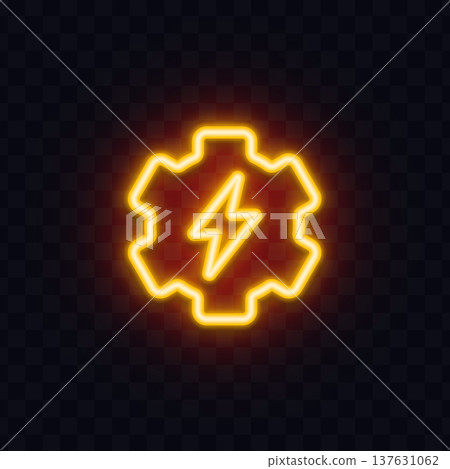 Neon lightning icon inside a glowing gear outline. Electric power symbol with warm yellow light on dark transparent background. Perfect for industry, engineering and technology themes. 137631062