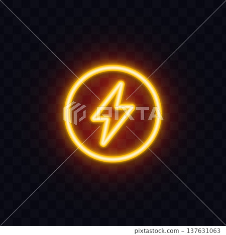 Bright neon lightning symbol inside a glowing circle. Electric energy sign with warm yellow light on dark transparent background. Perfect for power, electricity or charging themes. 137631063