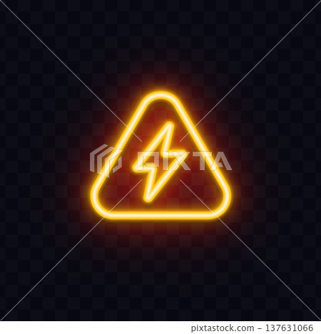 Neon lightning warning sign inside a triangular frame. Bright electric hazard symbol glowing on dark transparent background. Ideal for safety, danger and high voltage concepts. 137631066
