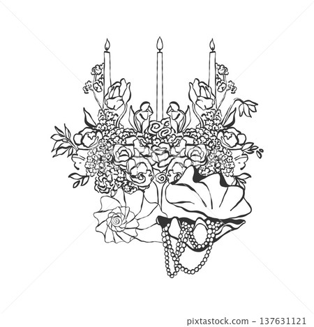 A hand-drawn vintage candelabra with candles, flowers, and nautical-themed decor. This vector outline illustration in black tones is perfect for coastal-themed celebrations and weddings. 137631121
