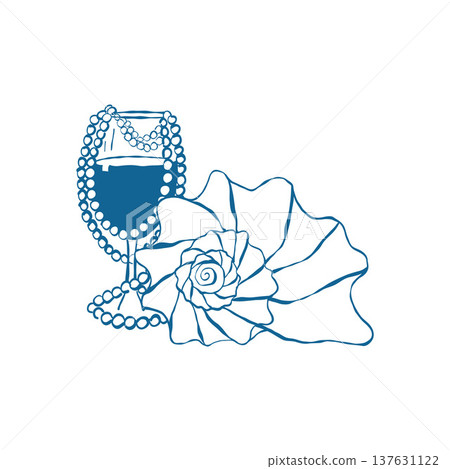 Doodle illustration of a seashell and a wine glass with pearl beads. The spiral shell is blue. Hand-drawn vector outline illustration isolated on a white background. Doodle illustration of a seashell and a wine glass with pearl beads. The spiral shell is blue. Hand-drawn vector outline illustration isolated on a white background. 137631122