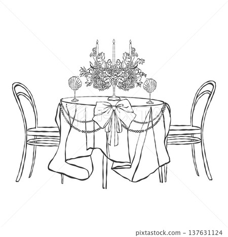 Romantic dinner, elegant table setting. Candelabra with candles and flowers, wine glasses in the shape of shells. Doodle illustration for a coastal wedding. Hand-drawn romantic dinner. Vector outline Romantic dinner, elegant table setting. Candelabra with candles and flowers, wine glasses in the shape of shells. Doodle illustration for a coastal wedding. Hand-drawn romantic dinner. Vector outline 137631124