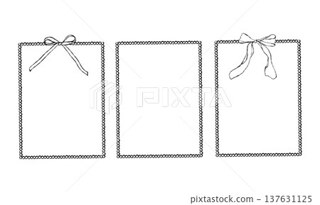 A vintage set of whimsical vertical frames with bows and ribbons in a linear style. Rectangular pearl frames for wedding and holiday invitations and cards. Black vector outline. A vintage set of whimsical vertical frames with bows and ribbons in a linear style. Rectangular pearl frames for wedding and holiday invitations and cards. Black vector outline. 137631125