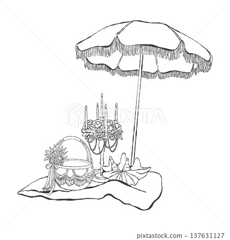 A beach umbrella, basket, candelabra with candles, and a seashell with a bottle of wine. Vintage illustration for a beach party or coastal wedding. Black vector outline clip art. 137631127