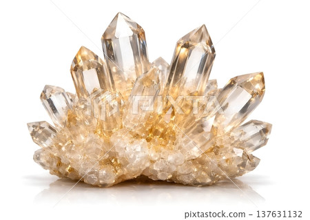 Polished Quartz Crystal Cluster with Golden Highlights on White, Luxury Product Banner 137631132