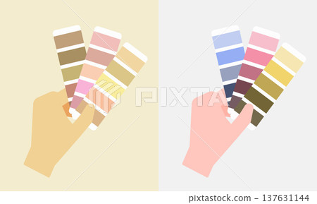 Low and high saturation color swatches Flat vector illustration of a hand holding a color swatch palette Low and high saturation color swatches Flat vector illustration of a hand holding a color swatch palette 137631144