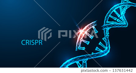 CRISPR gene editing concept with DNA strand and cut site, biotechnology, genetic modification vector 137631442