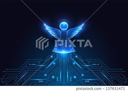 Futuristic digital angel above circuit board, Christmas tech symbol and holiday spirituality vector Futuristic digital angel above circuit board, Christmas tech symbol and holiday spirituality vector 137631471