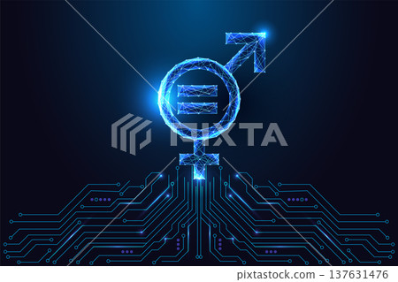 Gender Equality Tech Symbol. Digital Equality Sign in Futuristic Neon Vector Design Gender Equality Tech Symbol. Digital Equality Sign in Futuristic Neon Vector Design 137631476
