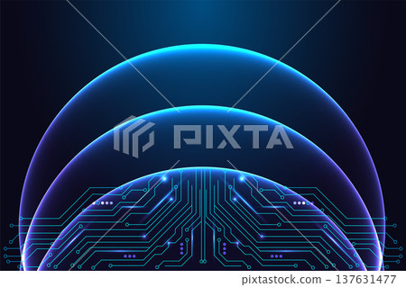 Glowing cyber dome shielding digital circuit board, AI protection and tech security system vector Glowing cyber dome shielding digital circuit board, AI protection and tech security system vector 137631477