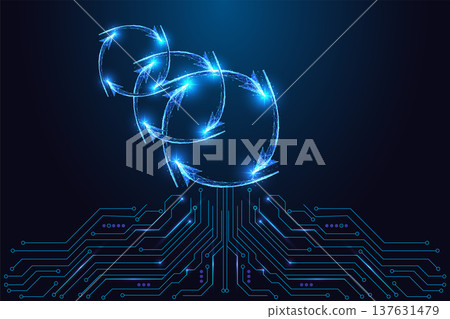 Three glowing circular loops above circuit board, AI process cycle and automation system vector  137631479