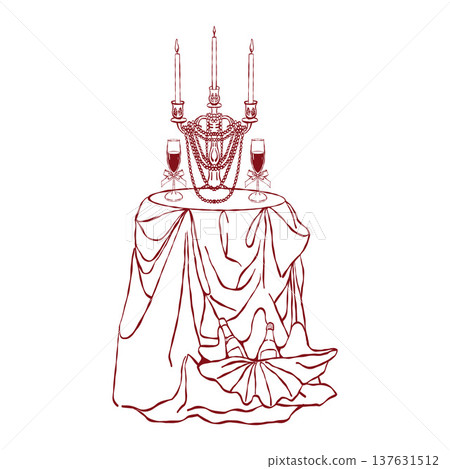 A romantic table with a tablecloth, wine, a shell, a candelabra with candles, and wine glasses. Hand-drawn in red tones. Vector outline illustration for coastal-themed weddings and celebrations. 137631512