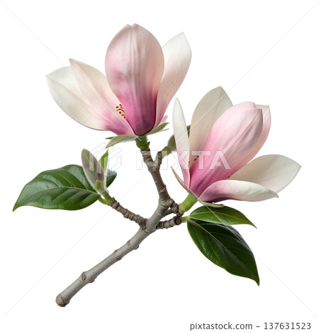 Beautiful delicate pink magnolia flowers in full bloom, isolated on a clean background. Perfect for spring themes and botanical art Beautiful delicate pink magnolia flowers in full bloom, isolated on a clean background. Perfect for spring themes and botanical art 137631523