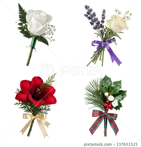 Set of four elegant floral boutonnieres and small hand-tied bouquets, perfect for weddings, proms, formal events, and floral design concepts 137631525
