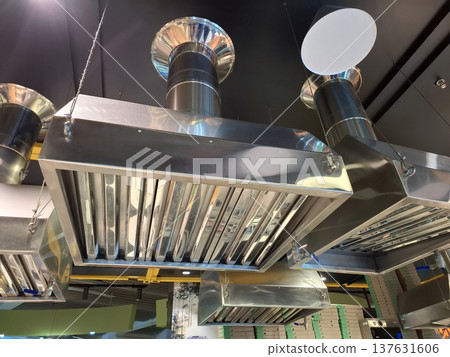 Stainless steel hoods with air ventilation at restaurant Stainless steel hoods with air ventilation at restaurant 137631606