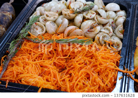 Korean-style carrots, white tomatoes. Various foods in fast food restaurant 137631628
