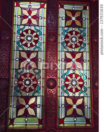 Old stained glass on the door inside saint Volodymyr cathedral in Kyiv, Ukraine 137631630