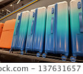 Blue large suitcases are on the counter in store 137631657
