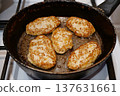 Meat cutlets are fried in a frying pan 137631661