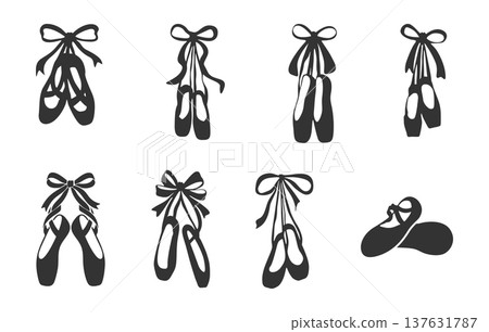 Ballet Shoes with Ribbon Laces Silhouette, Ballet Shoes with Ribbon Laces Clipart, Ballet Shoes Silhouette Set. Ballet Shoes with Ribbon Laces Silhouette, Ballet Shoes with Ribbon Laces Clipart, Ballet Shoes Silhouette Set. 137631787