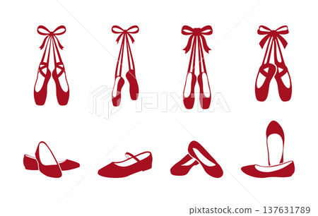 Red Ballet Pointe Shoes Collection, Ballet Shoes with Ribbon Laces Clipart, Ballet Shoes with Ribbon Laces Vector Illustration, Ballet Shoes Clipart, Ballet Shoes Vector Set. 137631789