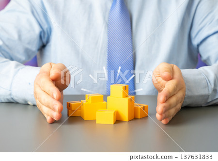 A businessman grasps boxes of products and goods. Import and export operations and global trade flows. Support for domestic producers with customs control and regulation of merchandise circulation. A businessman grasps boxes of products and goods. Import and export operations and global trade flows. Support for domestic producers with customs control and regulation of merchandise circulation. 137631833