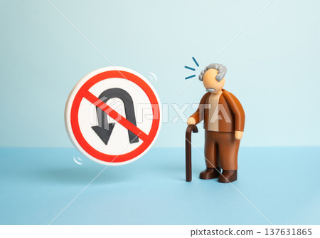 An elderly man and a symbol of no turning back. Reflection on the inevitability of time and past decisions. Concept of aging, regret and acceptance of life's irreversible moments. 137631865