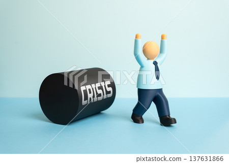 An office worker flees a scalding crisis while the business is saved from financial collapse. Escaping bankruptcy and restoring stability. Crisis management and corporate survival strategy. 137631866