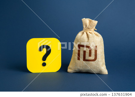 A money bag with Israeli shekels and a question mark. Symbol of financial uncertainty and capital preservation. Searching for safe investments during crisis, inflation, and unstable global markets. A money bag with Israeli shekels and a question mark. Symbol of financial uncertainty and capital preservation. Searching for safe investments during crisis, inflation, and unstable global markets. 137631904