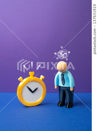 A tired office worker with a stopwatch facing a deadline. Burnout from intense work schedules and constant pressure. Overwork, fatigue and stress in demanding corporate environments. A tired office worker with a stopwatch facing a deadline. Burnout from intense work schedules and constant pressure. Overwork, fatigue and stress in demanding corporate environments. 137631919