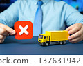A truck and a red X symbolizing bans on work, entry and operations. Trade embargoes and tariff wars disrupt logistics. Restrictions on autonomous and driverless truck transportation. 137631942
