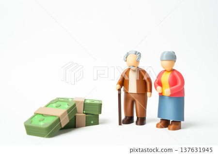 An elderly couple and green wads of cash. Pensions and pension savings for retirement. Social assistance programs and budget expenditures for supporting older citizens and financial stability An elderly couple and green wads of cash. Pensions and pension savings for retirement. Social assistance programs and budget expenditures for supporting older citizens and financial stability 137631945