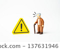 An elderly man is surprised by a sign of attention. Warning symbol highlights risks for pensioners. Difficulties in retirement life, updates to laws and regulations on social benefits and healthcare. 137631946