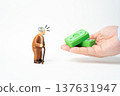 An elderly man is handed money. Pension payments, benefits and compensation programs. Social assistance and insurance for older citizens, financial security and healthcare protection for retirees. 137631947