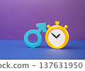 Male gender symbol and a stopwatch. Reminder about timely medical checkups for men. Preventive healthcare, early diagnosis and awareness of mens health and regular medical examinations. 137631950