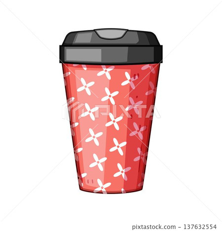 Red reusable coffee mug with a white pattern 137632554